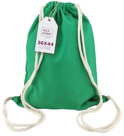 IDEA HOME Bomullspåse, gymnastikpåse 1 styck 36 x 44 cm 250 g/m2 sportväska med sladd, ryggsäck, väska, jutepåse gymväska, tom att måla för sport och resor, grön