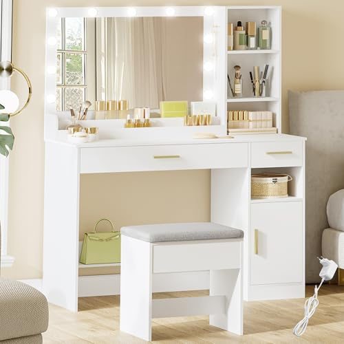HEXCELEN Coiffeuse avec Miroir et Tabouret, Grand Miroir LED, Luminosité Réglable, Table de Maquillage, Coiffeuse avec 2 Tiroirs, 4 Compartiments et Armoire, 40 x 108 x 141 cm Blanc