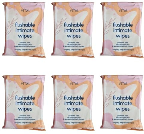 Flushable Intimate Wipes, 15 Lightly Fragranced Wipes, Paraben Free, Pack of 6