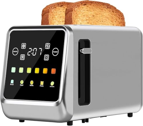 Touch Screen Toaster 2 Slice with LCD Display Digital Timer Toasters 6 Bread Types& 6 Shade Settings Extra Wide Slots Tostadora With Bagel Cancel,Defrost Functions