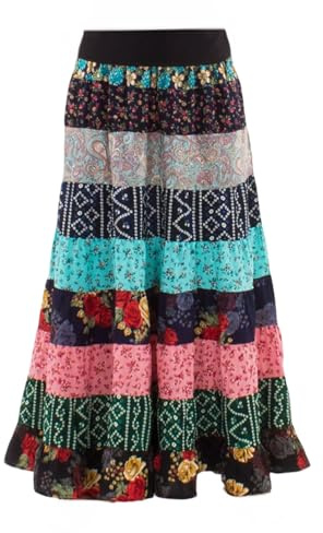 Coline Jupe Longue Femme à Volants, Multicolore, Motif Patchwork Floral et Paisley, Style Bohème