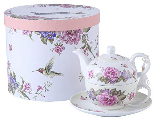 London Boutique Tea for one teekanne und Tasse Set für 1 Vogel Rose Schmetterling Vintage, Keramik, beige/cremefarben, 15x15cm