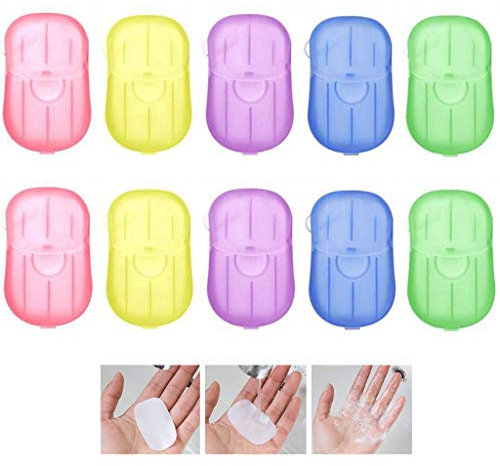 Ouceanwin 200 Blätter Seife Papier Seifenblätter, 10 Boxen Tragbar Einweg Papier Seife Mini Paper Soap mit Kunststoffbox für Unterwegs Reisen Camp Outdoor (5 Farben)