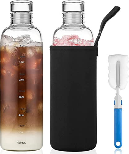Bincoo ( Pack Of 2 17oz/500ml Glass Water Bottle With Time Marker, Reusable Glass Beverage Bottle Milk Bottle Juice Bottle, Glass Drinking Bottle With Protection Sleeve And Clean Brush