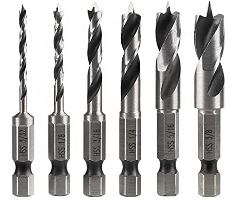 Treki 6Pcs Meche Bois à Tige Hex, Jeu de Tige 1/4 Forets HSS Hélicoïdaux pour Bois Métal Plastique et Bosch 6.35MM Hex Tige Rotatives Outil