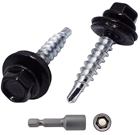 Lote de 250 tornillos de metal para techos, 4,8 x 25 mm, tornillos autoperforantes pintados con arandelas EPDM, tornillo hexagonal de chapa metálica (250, negro azabache RAL 9005)