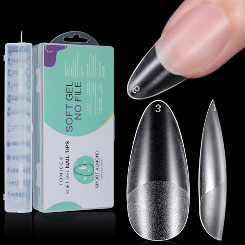 TOMICCA 240Pcs Short Almond Nail Tips - Acrylic Full Cover Matte No-File Extensions | Pre-Buffed Traceless Fit for Salon & Home DIY, 12 Sizes (Clear)