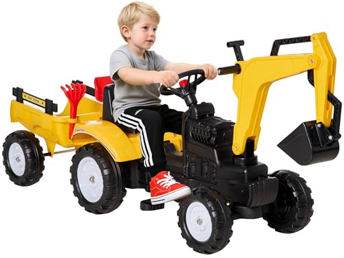 Aosom Digger Ride-on Truck Kids Car with Horn, Excavator Ride-on Toy, Imaginative Toy Construction Car, 6 Wheels & Detachable Trailer, Yellow