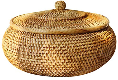 Tiamu Gewebtes Rattan Aufbewahrungskorb mit Deckel, Brotkorb Geflochten Round Kisten, Obstkörbe, Eierkorb, Snack-Korb, Schreibtisch-Schmuck Organizer Geschenk Box, Dekorativer Geschenkkorb