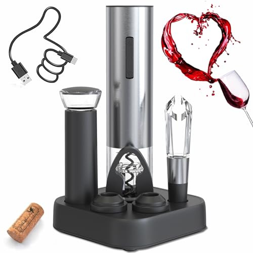 ZOYIDOUX Sacacorchos eléctrico recargable 8 en 1 Juego de regalo, Abridor de vino Eléctrico con base de carga,Cortacápsulas,Bomba de Vacío,2 Tapón de Vino de Vacío,Vertedor de Vino,Cable USB-C