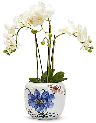 Two's Company Japanese Flower Blossoms Planter- Hand-Painted Porcelain, 9-Inch, White, Made of Porcelain