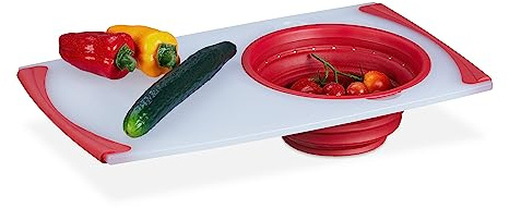 Relaxdays Skärbräda med sil, plast, 50 x 29 cm, köksbräda, vikbar uppsamlingsbricka, skärbräda, vit/röd
