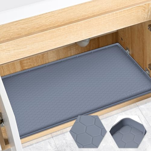 FORWOS Waterproof Under Sink Mat 34 x 22, Silicone Cabinet Liner, Rubber Protector for Kitchen and Bathroom, Keeps Cabinets Clean, Dry, and Organized (Grey)