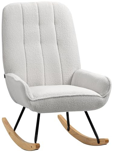 HOMCOM Schaukelstuhl Schaukelsessel mit Rückenlehne, Holzkufen, Relaxsessel, Sessel mit Sherpa-Vlies Stillsessel Schwingsessel für Wohnzimmer, Schlafzimmer, Balkon Grau