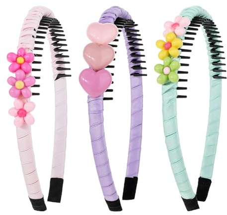 COMNICO Diademas de plástico, 3 diademas antideslizantes con dientes, coloridas diademas de corazón y flores para niños, lindas bandas para la cabeza