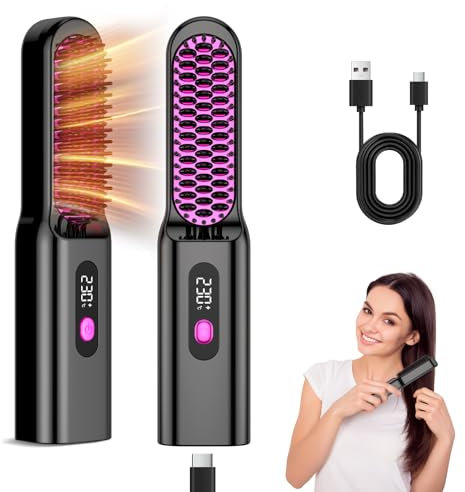 Bwaliffury Haarglätter Bürste, Kabellose Glättbürste 9600 mAh,Tragbare Glättungsbürste für Unterwegs,12 Temperaturstufen, Glättungskamm mit Verbrühungsschutz,Negative Ionen Haarglätter Stylingbürste