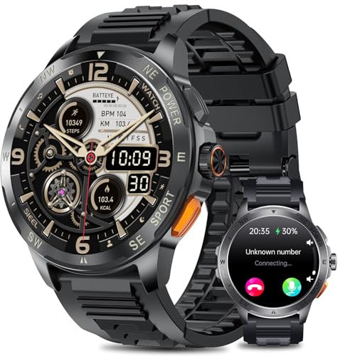 2025 Reloj Inteligente Hombre Militar con ET/HRV/SIRI, 1.43 AMOLED Smartwatch Hombre con Llamadas Bluetooth Pulsómetro SPO2/100+ Modos Deportivos/IP68 Impermeable/Monitor de Sueño/para Android iOS