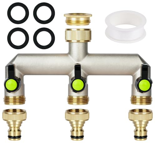Flintronic Distribuidor de 3 Vías, 3/4 Brass Tap Manifold Hose Splitter, Adaptador Manguera Grifo Derivacion 3 Vias Agua de Laton, con 3 Salidas de 3/4 de Pulgada, 1 Cinta de Sellado de Rodillos