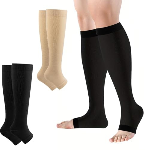 2 Pairs Compression Stockings for Women Men, 20-30 mmHg Open Toe Compression Socks Knee-high Toeless Support Stockings for Varicose Veins, Pressure, Flight, Travel, Sports, Running S-M