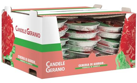 Fiaccole da Giardino al Geranio – Confezione da 48 – Ø 14 cm – Cera Rossa – Durata 3 Ore – Cereria Di Giorgio