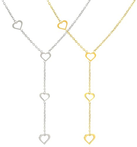 HOBBIESAY Lot de 2 colliers avec pendentif en forme de cœur creux - Collier long pour femme - Élégant pendentif d'amour - En acier inoxydable - Chaîne en Y - 40,6 cm - Avec cœurs de 12 x 12 mm