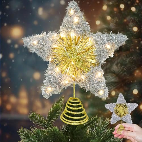 Julgransspets stjärna, julgransspets stjärna, julgran, spetsstjärna, glittrande stjärnor, trädspets, julgran, spets, metall, trädspets för jul, dekoration, heminredning