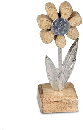 Kremers Schatzkiste Flor decorativa de aluminio de madera de mango, base de 15 x 6 cm, decoración de mesa, color plateado mate, escultura moderna para el hogar, figura de flores, idea de regalo para