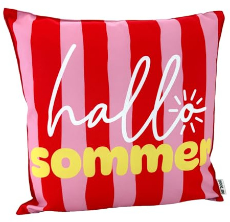 heimtexland ® Outdoor Deko Kissen 45x45 mit Füllung Garten Lounge Dekokissen wasserabweisend wetterfest Outdoorkissen Gartenkissen Bedruckt Typ906 Sommer Streifen Rot