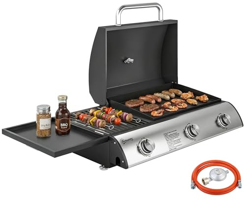 Outsunny Gasgrill 7,5 KW bärbar bordsgrill med 3 brännare sidobord stekplatta emaljgrillgaller avtagbar fettuppsamlingsskål termometer, bordsgasgrill picknickgrill för trädgård balkong