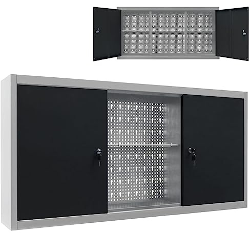 Ziaphsol Väggverktygsskåp, industristil, metall, grå, svart, 120 x 19 x 60 cm, med 3 justerbara hyllor, låsbara, för verkstad, garage, källare, gör-det-själv-arrangemang