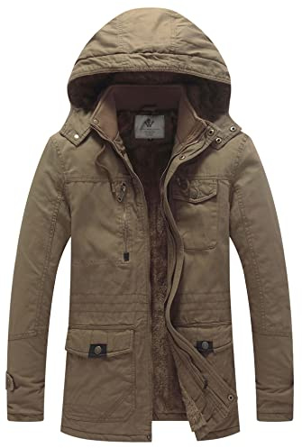 WenVen Chaqueta de Algodón a Prueba de Viento Abrigos Puffer Forro Polar Grueso Chaqueta de Lana Militar Parka Capucha Gruesa Extraíble Hombres Caqui Medium