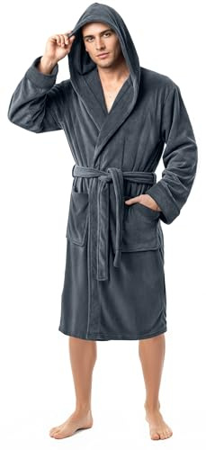 NY Threads Mens Robe with Hood, Luxury Plush Fleece Hooded Mens Bathrobe, Spa Bath Robe for Men, Large/X-Large, Grey