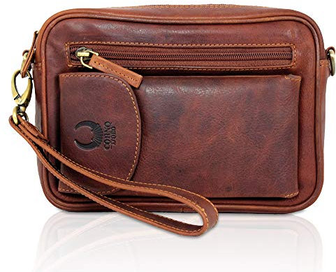 Corno d´Oro Handgefertigte Umhängetasche Herren Klein Leder I Premium Handgelenktasche Echt Leder für Mini Tablet bis 8 Zoll I Herrenhandtasche zum umhängen Ledertasche Braun