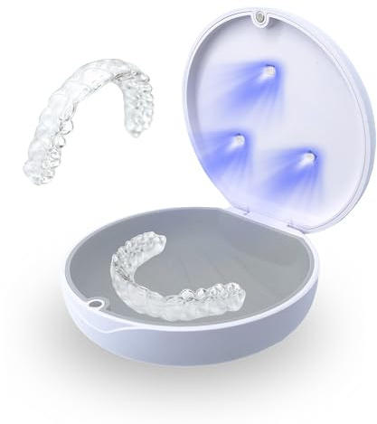 Hello Bright Hållarfodral & UV-rengörare – bärbar tandhållare för invisalign, munskydd, justerare, proteser, nattvakt – vit och grå