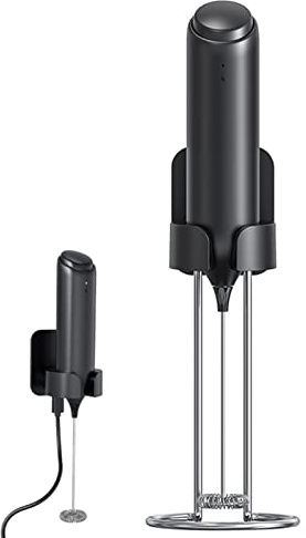 IraXpro Wandmontierter Milchaufschäumer Elektrisch,Milchaufschäumer Stab mit 2 in1 Wiederaufladbar Ständer,Kaffeemixstab,Handheld Milk Frother für Cappuccino,Kaffee,Latte,Schwarz