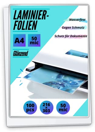 100 PREMIUM Laminierfolien DIN A4 - glänzend/transparent - 2 x 50mic (100 mic) | Für Dokumente, Fotos oder Karten – Wasserfest, Unzerreißbar und Blasenfrei