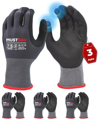 Mustbau 3 Paia Guanti da Lavoro con Touch Screen, Guanti in Nitrile Resistenti All'Abrasione, Ottima Presa, Adatti per Giardinaggio, Meccanica, Edilizia (Grigio,S)