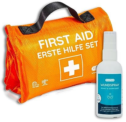 Erste Hilfe Set Outdoor, zum Wandern, Skifahren, Klettern, praktisches Rollenformat, passt in jeden Rucksack, wasserabweisend (59-teilig, orange) (Basis Set Plus)