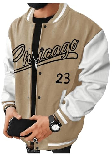 BEAUDRM Men's Letter Print Varsity Jacket Slogan Graphic Button Down Coat Bomber Baseball Coat With Pockets Khaki X-Large