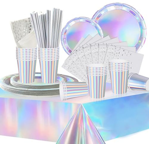 COLANANA Party Supplies,Party Tableware Set,Silver Birthday Decorations Contain Plates Tablecloth Cups Napkins Paper Straws for Baby Shower Birthday Wedding Partys Anniversary(16 Guests)