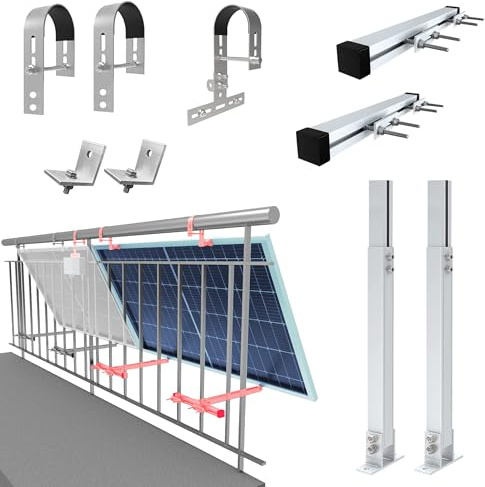 Balkonkraftwerkhalterung Geländer Befestigung für 1 Solarmodul und ein Wechselrichter Photovoltaik | RUND | Set | Neigungswinkel 0° & 25-45°| Durchmesser bis 80mm, Silber PV