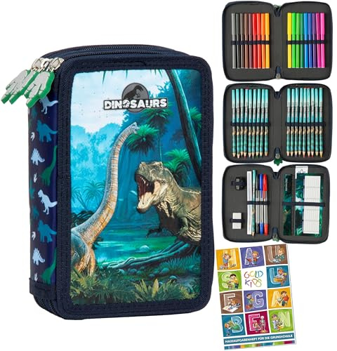 Goldkids - Federmäppchen 3 Fächer - Mäppchen für Mädchen und Jungen - Federmappe 3-Fach Federtasche Gefüllte Schüleretui 44-teilig - Schulmäppchen und Hausaufgabenheft - Dinosaurier Motiv