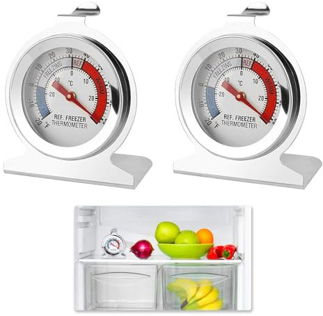 2 Pezzi Termometro Frigorifero, Termometro Frigo Congelatore, Acciaio Inox con Gancio per Appendere, Misura da -30 a 30°C (-20°F a 80°F), Ideale per in Casa Ristoranti Bar e Cucine Professionali