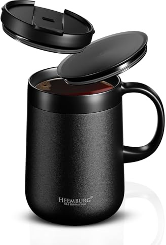 Thermo-Kaffeebecher mit Henkel, doppelwandig vakuum-isoliert, Edelstahl 18/8, inkl. 2 Deckeln, rutschfester Boden, ideal für Büro oder Arbeitsplatz 440ml