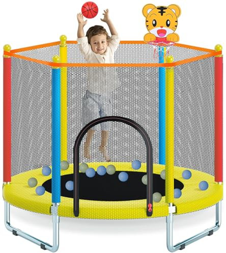 150cm Indoor Outdoor Kindertrampolin mit Sicherheitsnetz, Mini-Trampolin für Kinder inklusive Basketballkorb, robuste Sprungmatte Jungen und Mädchen