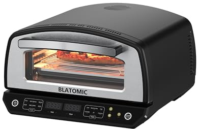 Blatomic Indoor Pizza Oven - Makes 13 Inch Pizzas, Heats up to 850°F - Countertop Electric Pizza Maker with 6 Touchscreen Presets, Pizza stone & Peel, Baking Tray & Mesh Included - Stainless Black