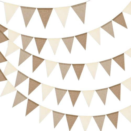 Lot de 5 guirlandes de fanions en toile de jute de 20 m - Pour l'extérieur - Résistant aux intempéries - Marron et beige - Pour fête prénatale, mariage, anniversaire, fête, jardin