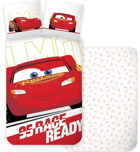 Disney Cars Lightning McQueen Bedding Set Single Size | Duvet Cover 140x200 cm + Pillowcase 60x65 cm | 100% Cotton | Soft & Breathable Bed Linen | Colourful Kids Bedroom Décor