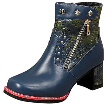 Botas de mujer elegantes prensadas con tacón de pantorrilla media, botas cómodas de alta calidad, azul, 39 EU
