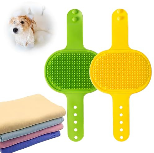 Dog Grooming Brush and towel, Premium Soft Silicone Pet Bath Set with Adjustable Handle, Shampoo Soothing Comb and towel for Wet Dry Long Short Haired Dogs Massaging (Green & Yellow with 1 Towel)